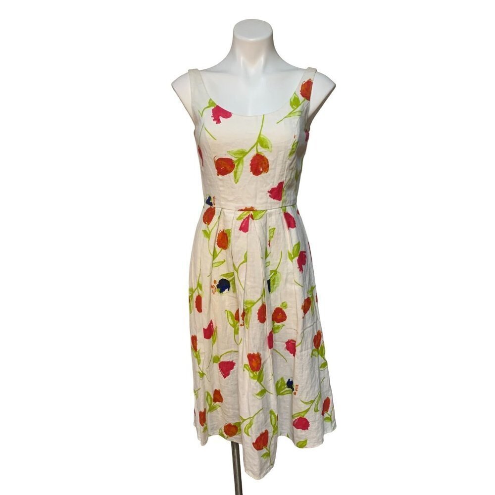 Womens Tulip Print Midi Dress White Linen Fit & Flare Size 2 Retro 50s